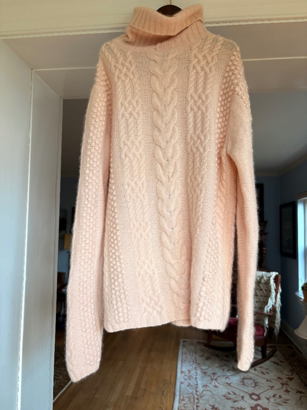Grayson & Dunn Light Pink Peach Cashmere Wool Soft Turtleneck Cableknit Sweater